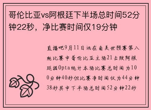 哥伦比亚vs阿根廷下半场总时间52分钟22秒，净比赛时间仅19分钟